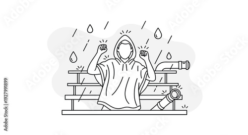A black and white line drawing shows a fan in a rain poncho cheering with raised fists on stadium bleachers during a downpour.