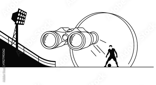 A conceptual black and white line art illustration shows giant binoculars inside a wheel watching a soccer player on a field next to stadium lights.