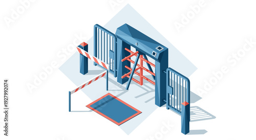 An isometric vector illustration shows a complete security entrance system with a tripod turnstile, a barrier arm, and a gate for access control.