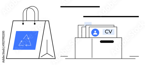 Sustainability concept. Sustainability highlighted through a recycling bag and professional documents thumbs up CVs. Sustainability in business, work processes, eco-consumerism, and hiring. Suitable