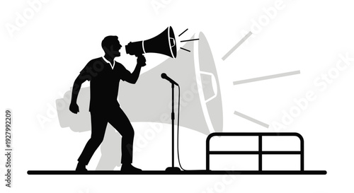 A black and white silhouette shows a man shouting into a megaphone, with a microphone and barrier also visible.