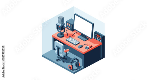 An isometric illustration of a complete computer desk setup for gaming, streaming, or podcasting in a small room.