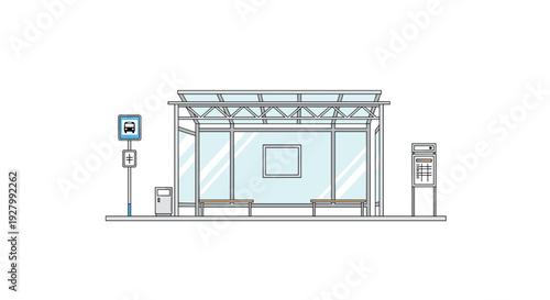An empty glass bus stop shelter with two wooden benches, a bus stop sign, a trash can, and a ticket machine stands on a white background.