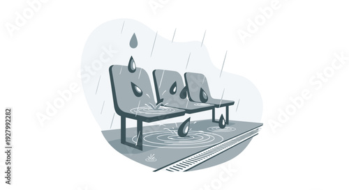 An illustration shows raindrops falling on three empty public seats, creating ripples in puddles on a rainy day near a storm drain.