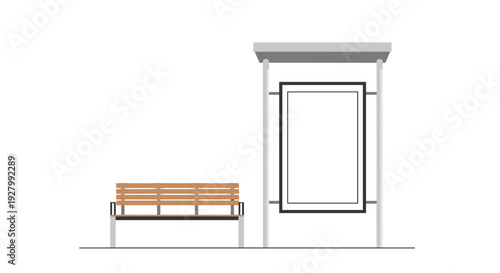 A wooden slatted bench sits next to a bus stop advertising billboard with a blank white poster under a grey shelter on a white background.