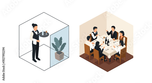 A two-part isometric illustration shows a waitress in a glass box and a separate group of people dining at a restaurant table.