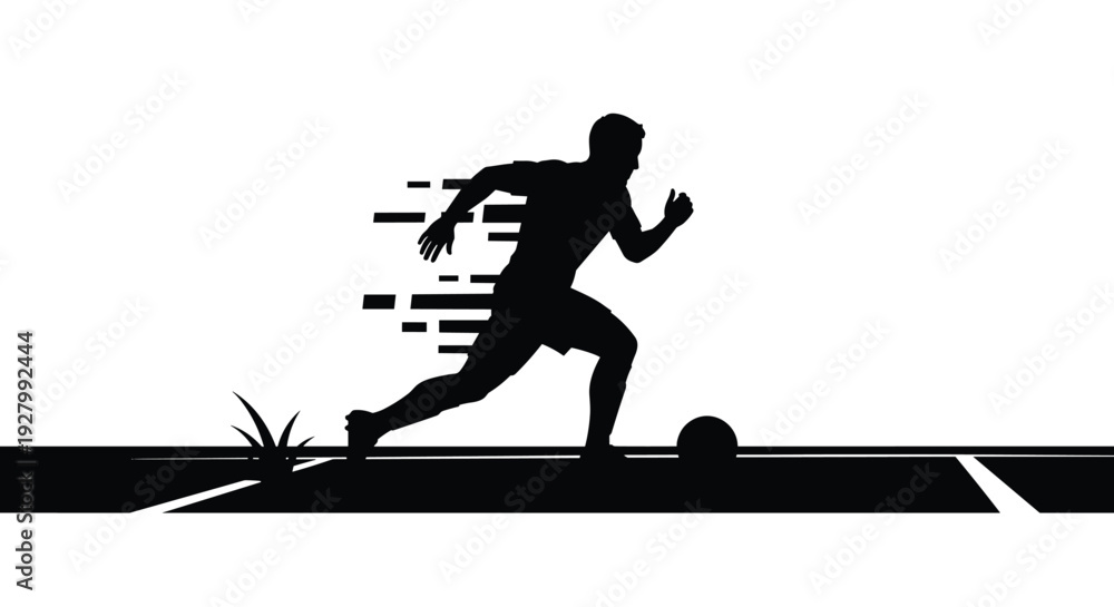Obraz premium A dynamic black silhouette of a soccer player dribbling a ball at high speed across a field, illustrated with motion lines against a clean white background.
