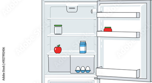 An open, modern white refrigerator displays a sparsely filled interior with an apple, milk, eggs, and two jars on its shelves and door against a clean white background.