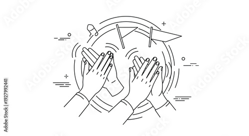 A black and white line art illustration depicts two pairs of hands clapping in front of a stylized globe, symbolizing global unity.