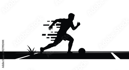 A dynamic black silhouette of a soccer player dribbling a ball at high speed across a field, illustrated with motion lines against a clean white background.