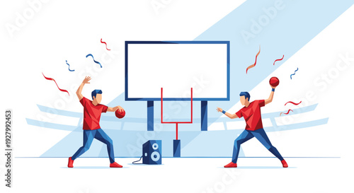 Two fans in red shirts throw footballs in a stylized stadium setting, with a large blank scoreboard, goalpost, and falling confetti in the background.