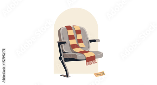 An empty stadium seat with a red and yellow striped fan scarf draped over it and a ticket stub on the floor, depicted in a charming pixel art style.