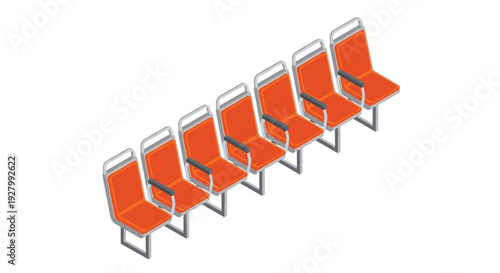A diagonal arrangement of six individual orange and grey public transport seats with armrests is presented on a clean white background.