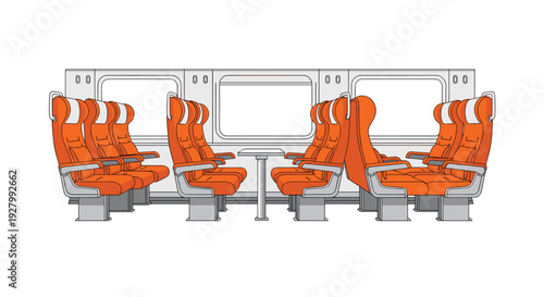 A side profile illustration depicts a train interior with two rows of bright orange and gray seats, windows, and a small table between facing seats.