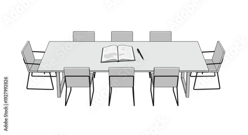 An empty light gray conference table with eight matching chairs is shown from above, featuring an open book and a pen in the center.