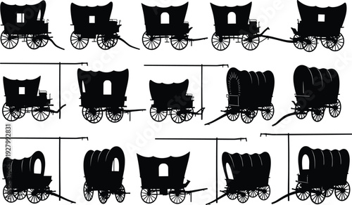 Comprehensive Collection of Black Covered Wagon Silhouettes and Vintage Stagecoach Graphics Representing American Western Heritage Pioneer Travel and Wild West History
