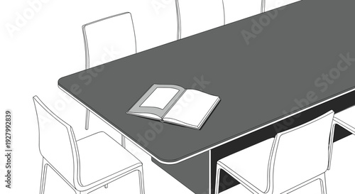 A dark gray conference table with light gray chairs is viewed from an oblique angle, highlighting an open book with blank pages on its surface.