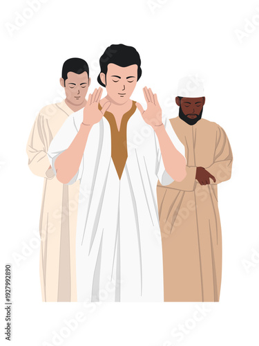 Muslim men performing prayer together in congregation illustration