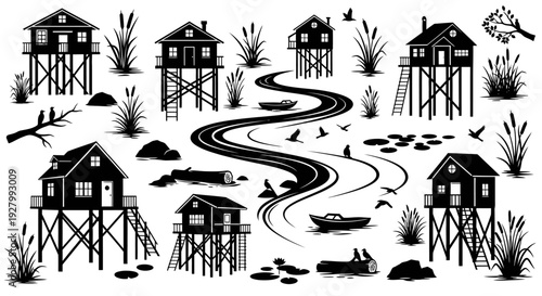 Stilt houses and winding river landscape with boats and wildlife.