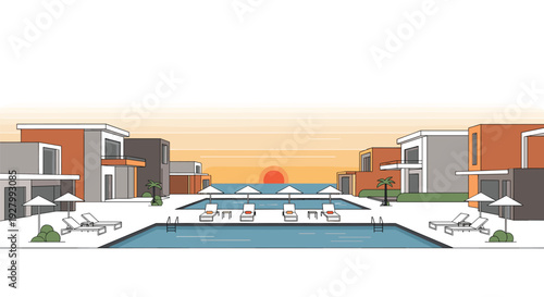 A modern seaside resort with contemporary buildings, inviting swimming pools, and comfortable lounge areas is depicted under a beautiful orange sunset.