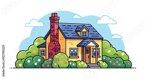 Charming cottage house with blooming garden and blue sky