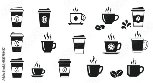 A comprehensive assortment of fifteen solid black silhouette coffee cups and beans is systematically displayed on a clean white backdrop.