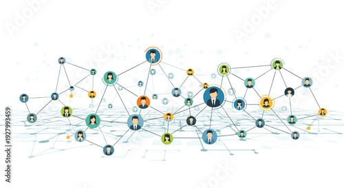 A vibrant network of interconnected human avatar icons forms a complex web, dynamically illustrating social connections on a subtle white grid background.
