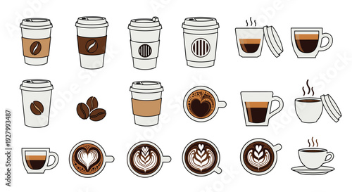 A diverse collection of fifteen outlined coffee cups and beans is neatly arranged across a pristine white background in a studio setting.