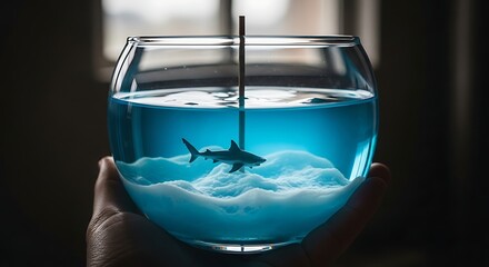 A hand holding a glass bowl with a shark swimming in water