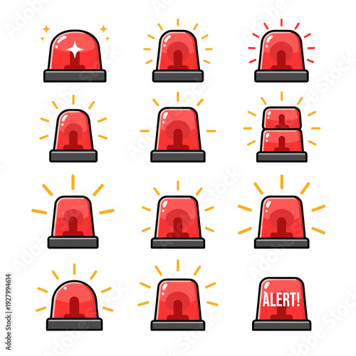 emergency siren and red flasher alarm icon set, police and ambulance warning signal lights on transparent background