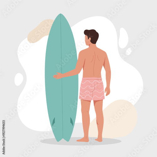 man with surfboard standing on the beach, male character in shorts for summer surfing vacation on transparent background