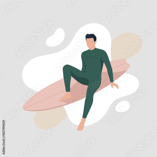male surfer in wetsuit sitting on surfboard, character for ocean surfing and summer water sport on transparent background