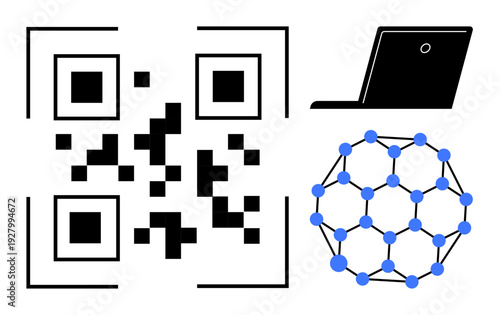 Digital transactions, data security, tech integration, scientific research, blockchain, connectivity. QR code, laptop and molecular model. Digital transactions and data security concept