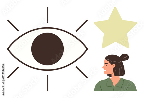 Vision, awareness, recognition, guidance, creativity, potential. ion features a large eye symbol with radiant lines, a woman looking right and a yellow star. Vision and awareness concept