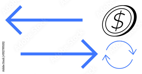 Finance, transactions, currency exchange, payment processing, recycling, economic flow. Blue arrows pointing left and right toward a dollar sign and a circular arrow. Finance and currency exchange