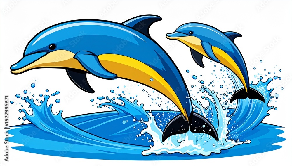 Obraz premium Two playful dolphins jumping out of ocean waves in a dynamic splash