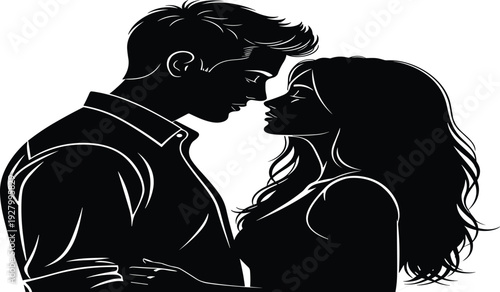 Romantic black silhouette of an intimate couple facing each other for wedding anniversary, engagement celebration, and young love relationship concepts.