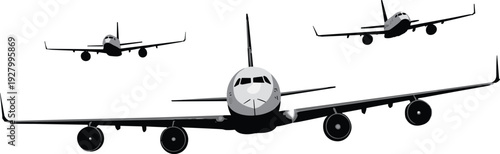 Aviation fleet of commercial airplanes flying in formation, minimalist black and white vector illustration of jet aircraft for travel and logistics concept,