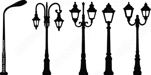 Black silhouette collection of vintage and modern street lamps, antique gas light poles, classic wrought iron lantern posts, urban outdoor lighting fixtures set,