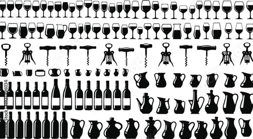 Black silhouette collection of wine glasses, bottles, corkscrews, and ceramic jugs, kitchenware icon set for bar and restaurant design, isolated on white,