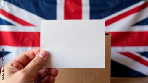 Hand holding blank card in front of United Kingdom flag background  