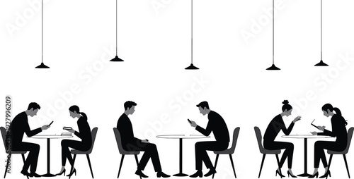 Black, and, white, silhouettes, of, people, sitting, at, tables, in, a, cafe, using, mobile, phones, and, talking, under, hanging, pendant, lights, isolated.