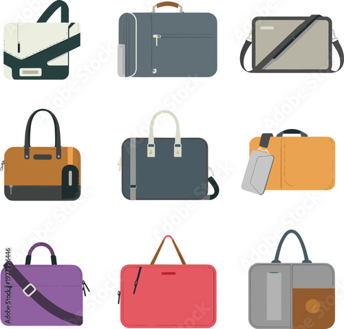 Collection of flat design laptop bags and briefcases in various colors, professional office bags, messenger satchels, business travel luggage, computer cases, fashion accessories,