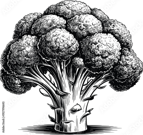 Hand drawn vintage engraving style broccoli vegetable illustration on white background for organic food menu design healthy vegan diet botanical sketch artwork