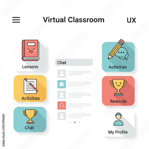 A digital illustration of a virtual classroom interface with various icons and a chat window on a white background. Perfect for e-learning, educational technology, and online course