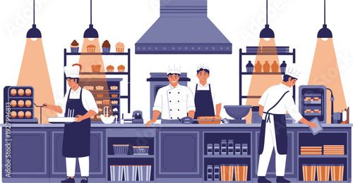 Professional bakery kitchen with chefs baking fresh bread and cupcakes, modern pastry shop interior, teamwork culinary illustration concept flat design vector art