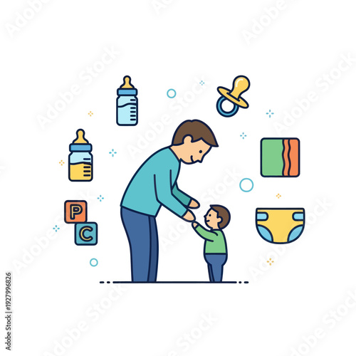 Father caring for toddler with baby care essentials