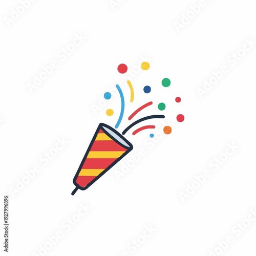 A Red and Yellow Striped Party Popper Exploding With Colorful Confetti Against A White Background