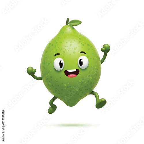A cheerful cartoon lime character with a smiling face and limbs, jumping on a white background. Perfect for advertising, branding, and marketing materials.