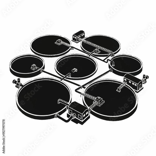 Wastewater treatment plant with multiple circular tanks and connecting pipes.